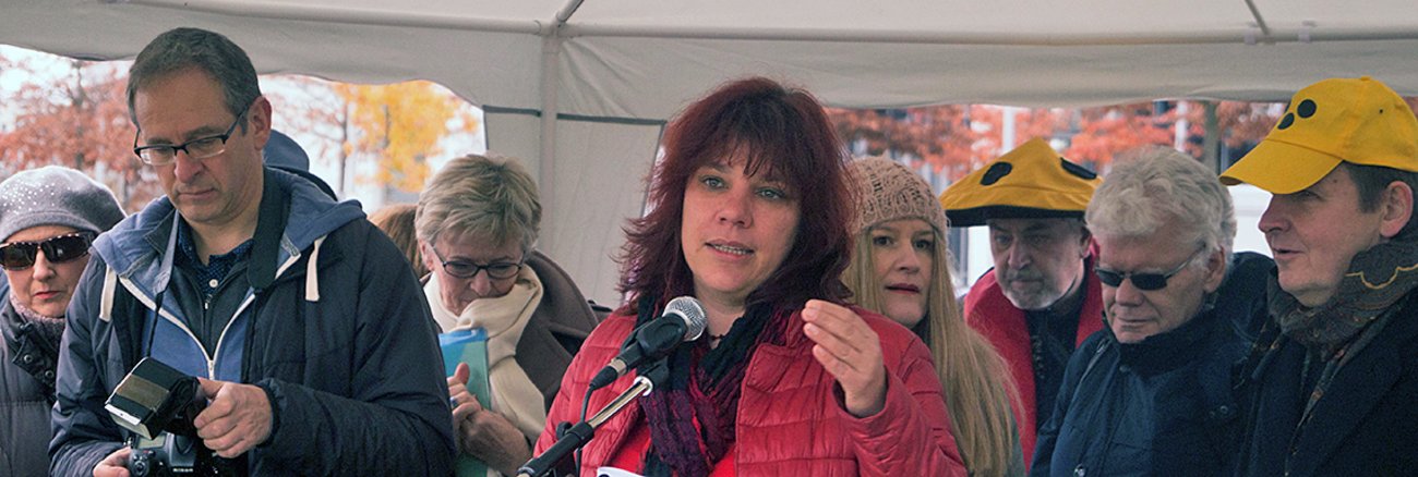 Katrin Werner spricht vor der Anhörung auf einer Protestaktion des Deutschen Blinden und Sehbehindertenverbands (DBSV) Katrin Werner spricht vor der Anhörung auf einer Protestaktion des Deutschen Blinden und Sehbehindertenverbands (DBSV)