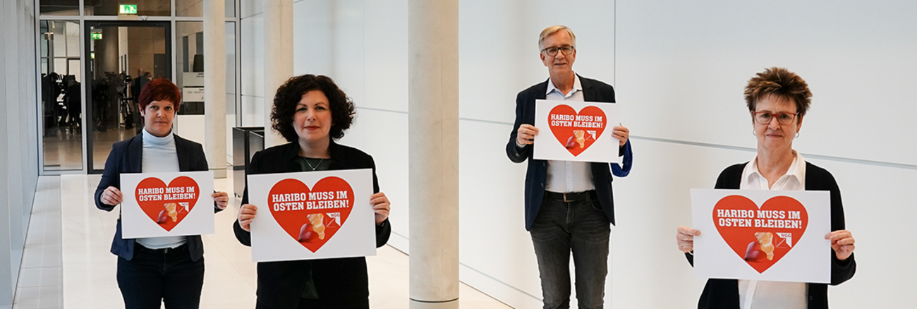 Amira Mohamed Ali, Dietmar Bartsch, Susanne Ferschl und Sabine Zimmermann: Haribo muss im Osten bleiben! Amira Mohamed Ali, Dietmar Bartsch, Susanne Ferschl und Sabine Zimmermann: Haribo muss im Osten bleiben!
