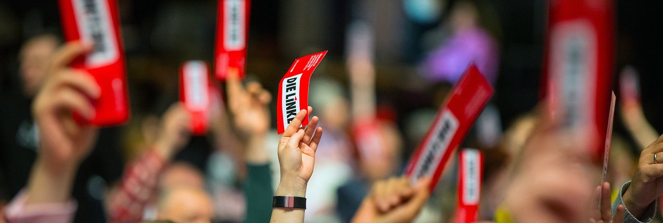 Stimmkarten mit der Aufschrift DIE LINKE werden hochgehalten © dpa