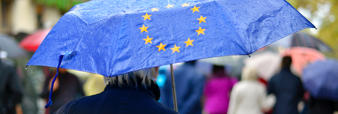 Eine Person hält einen Regenschirm in der Farbe und mit den Sternen der EU-Fahne Eine Person hält einen Regenschirm in der Farbe und mit den Sternen der EU-Fahne